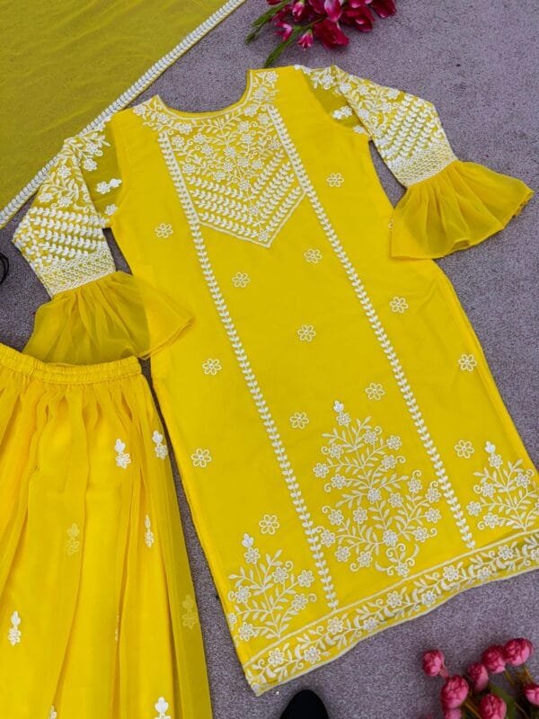 Designer Party Wear Look New Top-Plazzo and Dupatta With Heavy Embroidery Thread Work | Yellow - Image 2