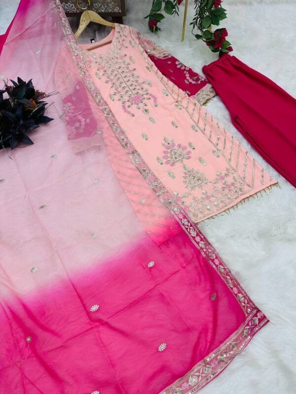 Sequin Embroidered Fox Georgette Sharara Suit Set | Pink - Image 3