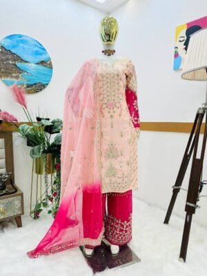 Sequin Embroidered Fox Georgette Sharara Suit Set | Pink