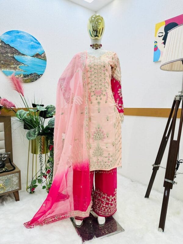Sequin Embroidered Fox Georgette Sharara Suit Set | Pink