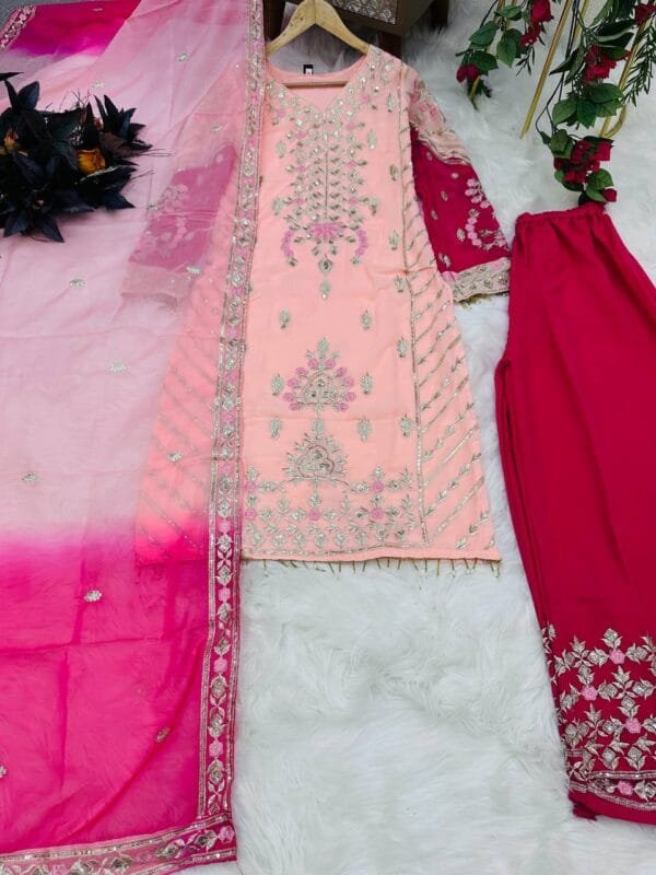 Sequin Embroidered Fox Georgette Sharara Suit Set | Pink - Image 2