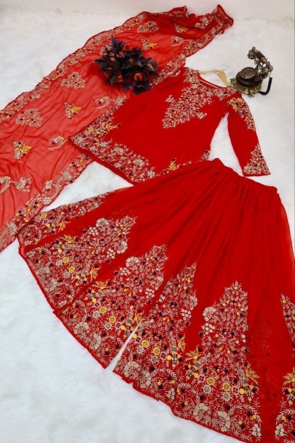 Faux Georgette Embroidered Sharara Suit Ensemble Red - Image 3