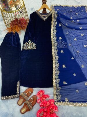 Velvet Elegance: Embroidered Bell Sleeve Ensemble with Fancy Details | Blue