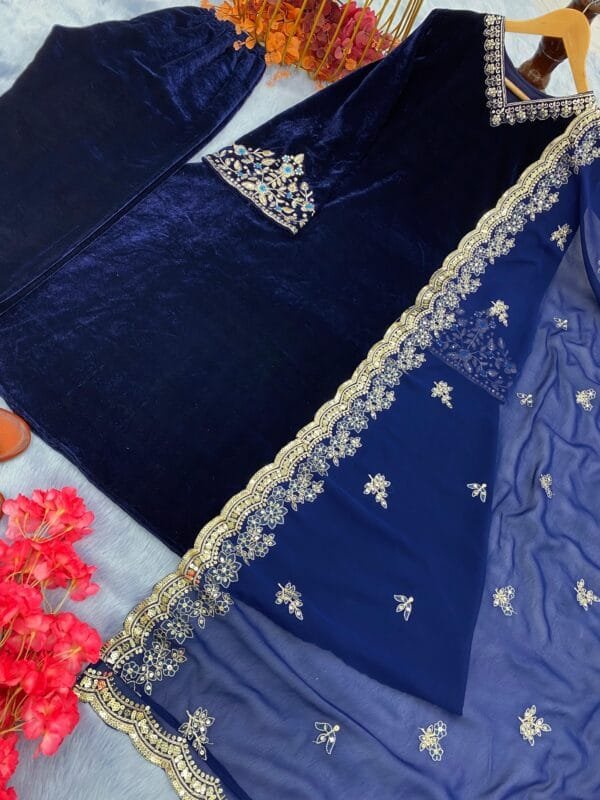 Velvet Elegance: Embroidered Bell Sleeve Ensemble with Fancy Details | Blue - Image 4