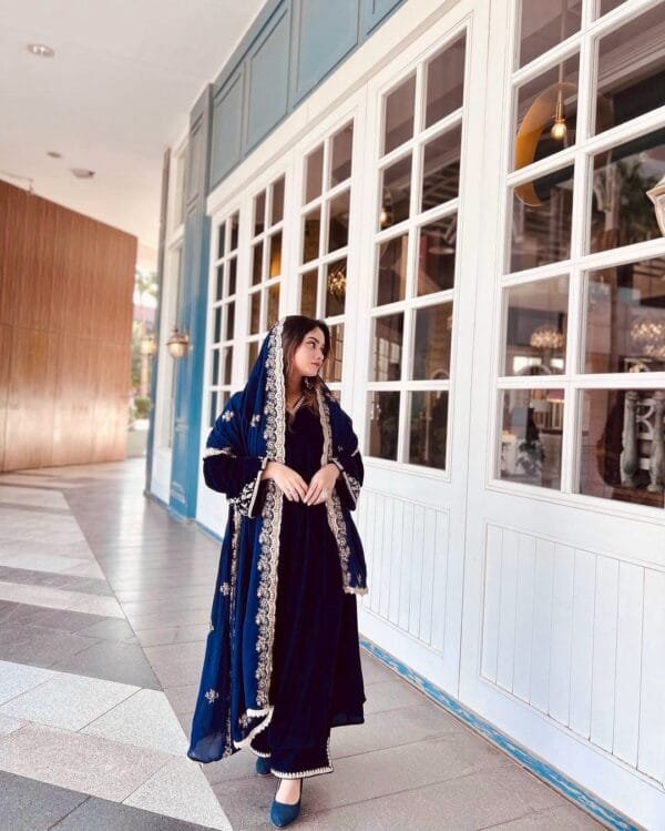 Velvet Elegance: Embroidered Bell Sleeve Ensemble with Fancy Details | Blue - Image 3