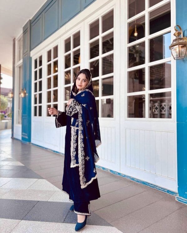 Velvet Elegance: Embroidered Bell Sleeve Ensemble with Fancy Details | Blue - Image 2
