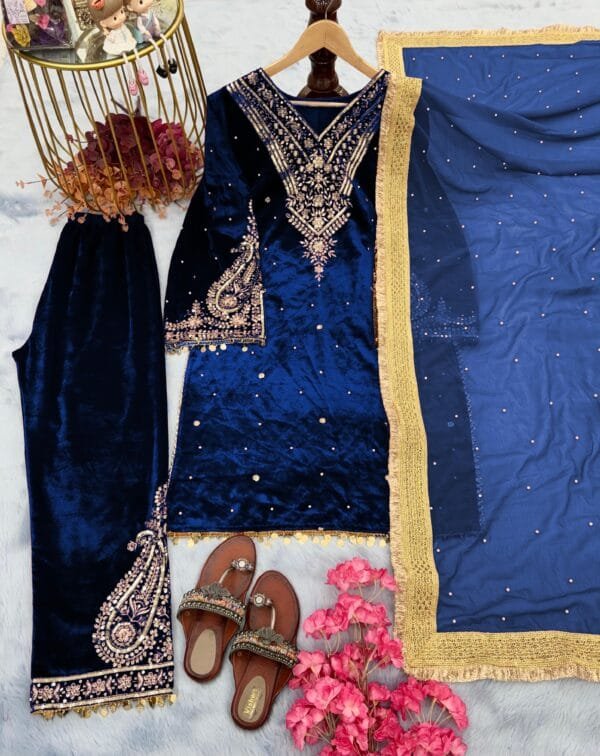 Velvet Elegance: Embroidered Bell Sleeve Ensemble with Fancy Details | Blue - Image 3