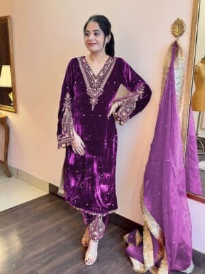 Velvet Elegance: Embroidered Bell Sleeve Ensemble with Fancy Details | Purple