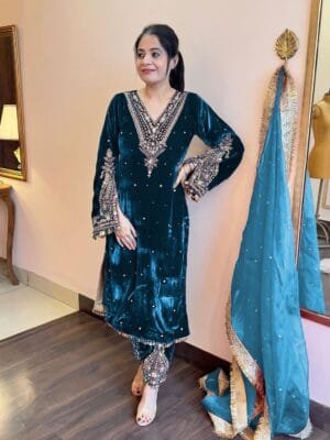 Velvet Elegance: Embroidered Bell Sleeve Ensemble with Fancy Details | Teal Green