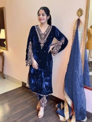 Velvet Elegance: Embroidered Bell Sleeve Ensemble with Fancy Details | Blue