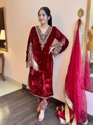 Velvet Elegance: Embroidered Bell Sleeve Ensemble with Fancy Details | Red