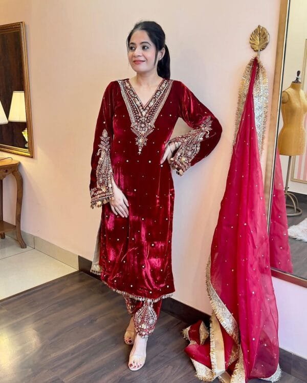 Velvet Elegance: Embroidered Bell Sleeve Ensemble with Fancy Details | Red