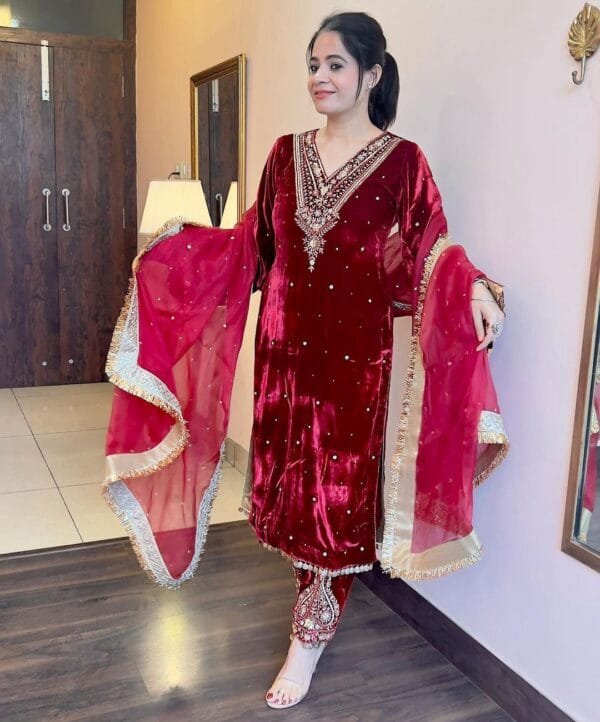 Velvet Elegance: Embroidered Bell Sleeve Ensemble with Fancy Details | Red - Image 2