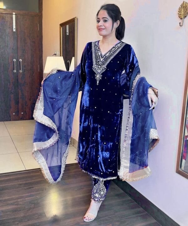Velvet Elegance: Embroidered Bell Sleeve Ensemble with Fancy Details | Blue - Image 2