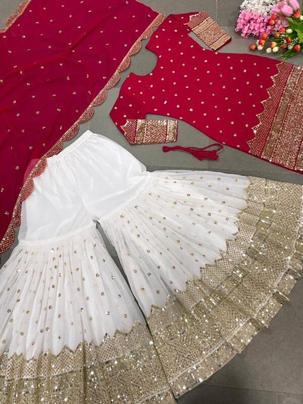Designer Party Wear Look New Top-Plazzo and Dupatta With Heavy Embroidery Work | Red - Image 2