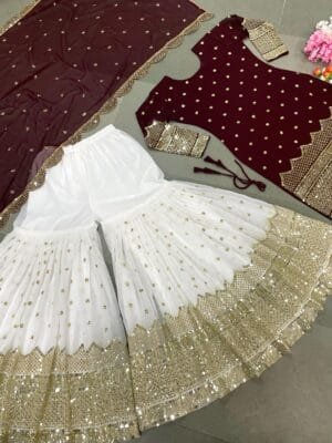 Designer Party Wear Look New Top-Plazzo and Dupatta With Heavy Embroidery Work | Brown