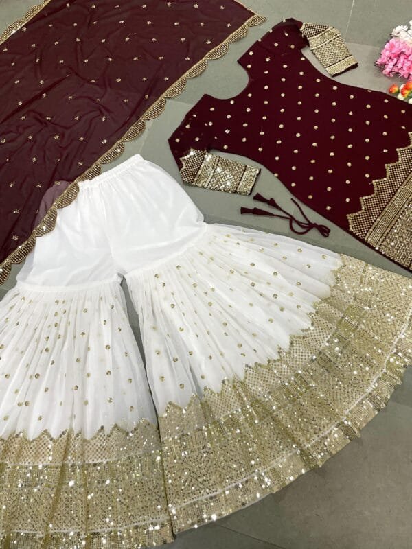 Designer Party Wear Look New Top-Plazzo and Dupatta With Heavy Embroidery Work | Red - Image 2