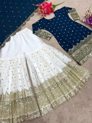 Designer Party Wear Look New Top-Plazzo and Dupatta With Heavy Embroidery Work | Blue
