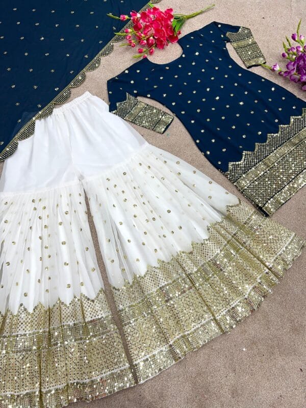 Designer Party Wear Look New Top-Plazzo and Dupatta With Heavy Embroidery Work | Blue