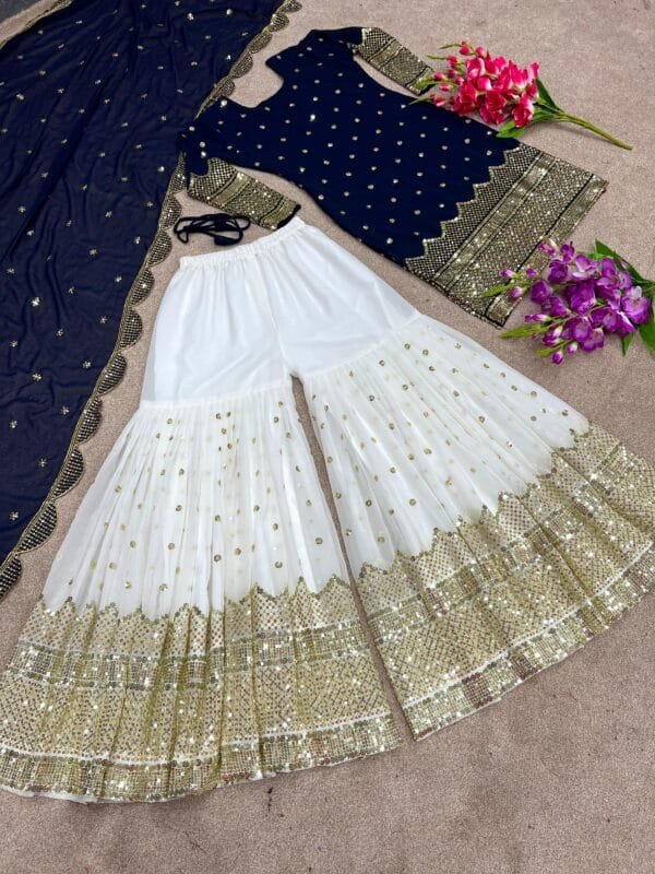 Designer Party Wear Look New Top-Plazzo and Dupatta With Heavy Embroidery Work | Bottle Green - Image 2