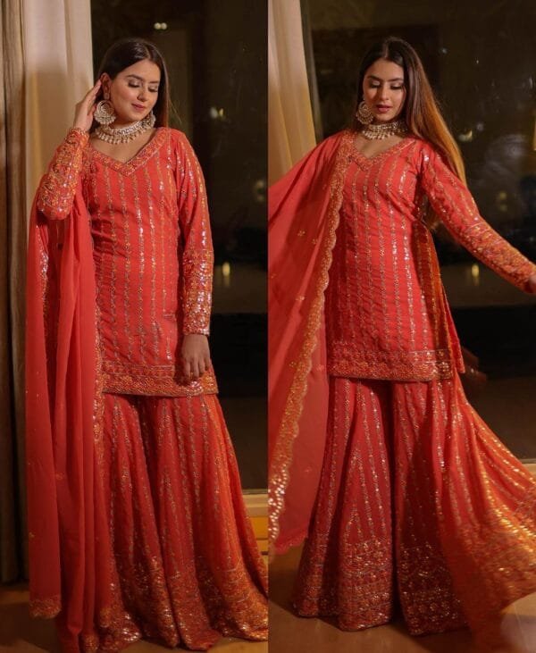 Faux Georgette Sharara Suit with 9MM Sequin Work | Red - Image 4