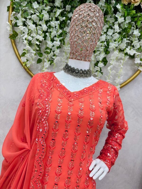 Faux Georgette Sharara Suit with 9MM Sequin Work | Red - Image 3