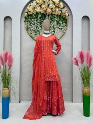 Faux Georgette Sharara Suit with 9MM Sequin Work | Red