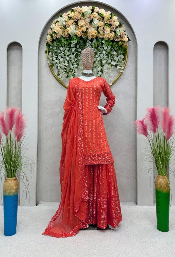 Faux Georgette Sharara Suit with 9MM Sequin Work | Red