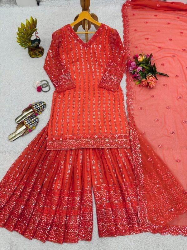 Faux Georgette Sharara Suit with 9MM Sequin Work | Red - Image 7