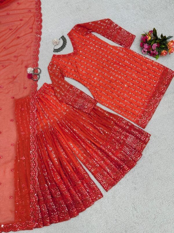 Faux Georgette Sharara Suit with 9MM Sequin Work | Red - Image 6