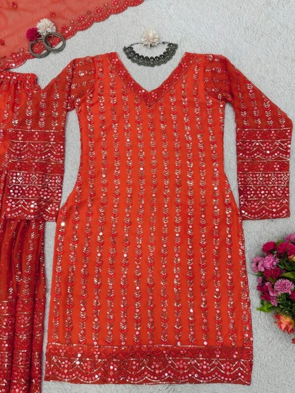 Faux Georgette Sharara Suit with 9MM Sequin Work | Red - Image 5
