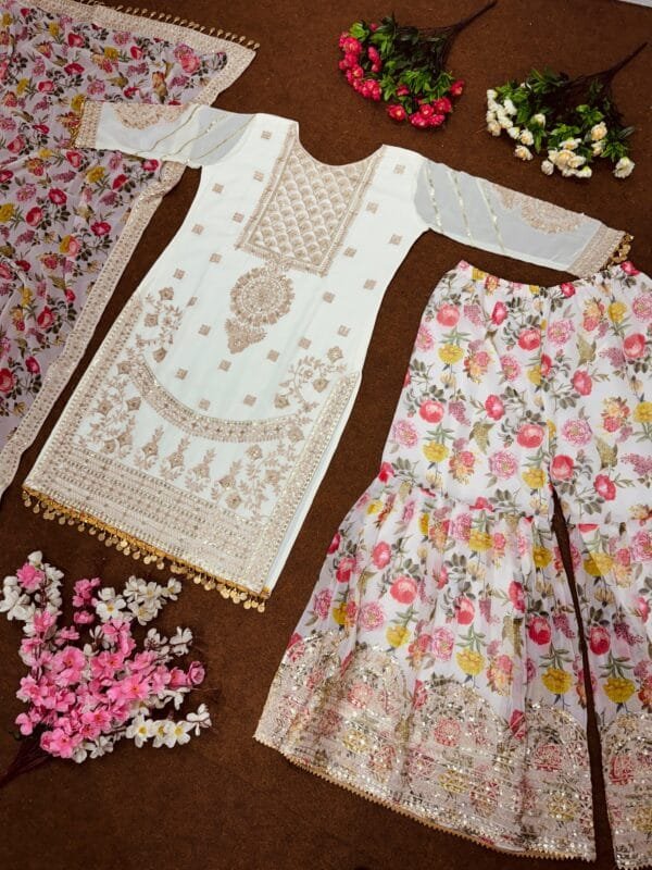 Faux Georgette Sharara Ensemble with Sequin & Lace Work | White - Image 4