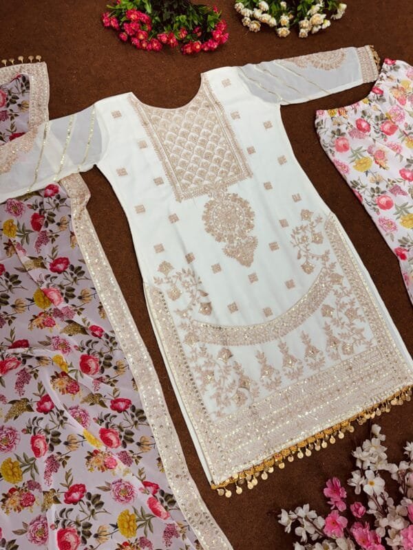 Faux Georgette Sharara Ensemble with Sequin & Lace Work | White - Image 3