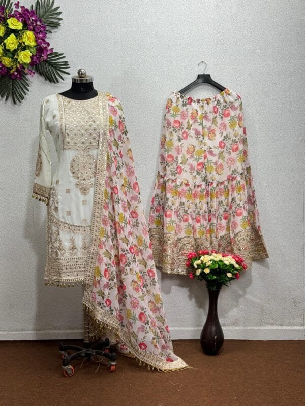 Faux Georgette Sharara Ensemble with Sequin & Lace Work | White - Image 2
