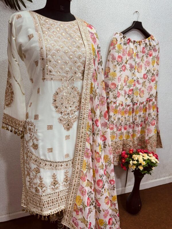 Faux Georgette Sharara Ensemble with Sequin & Lace Work | White