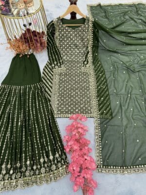Designer Georgette Top, Palazzo & Dupatta Set with Sequin Work | Bottle Green