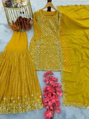 Designer Georgette Top, Palazzo & Dupatta Set with Sequin Work | Mustard