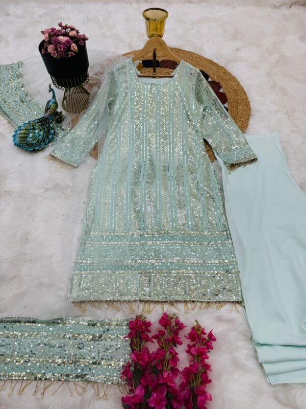 Sequin Embroidered Sharara Set | Ice Blue - Image 3