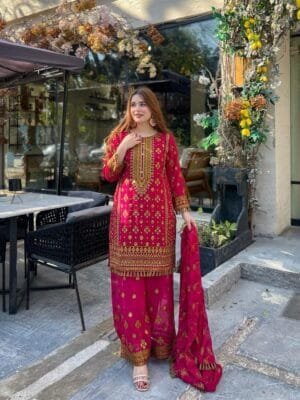 Elegance Redefined: Georgette Kurti & Palazzo Set | Red