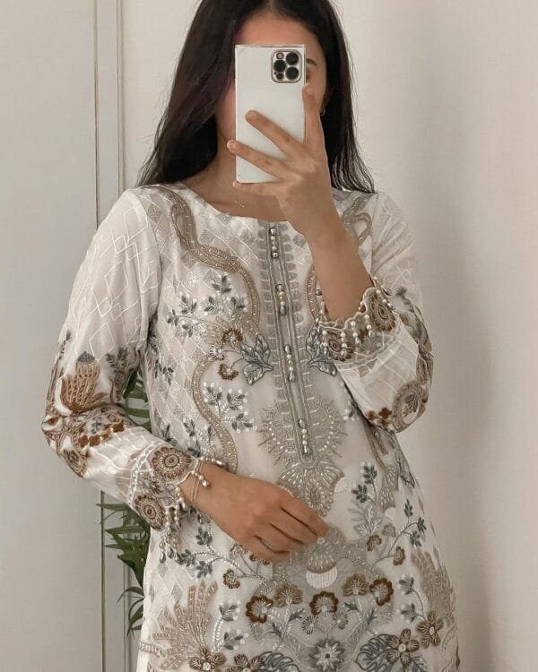 Designer Wear Trending Faux Georgette Top with Cotton Thread Embroidered Work and Work Pant with Dupatta | White - Image 4