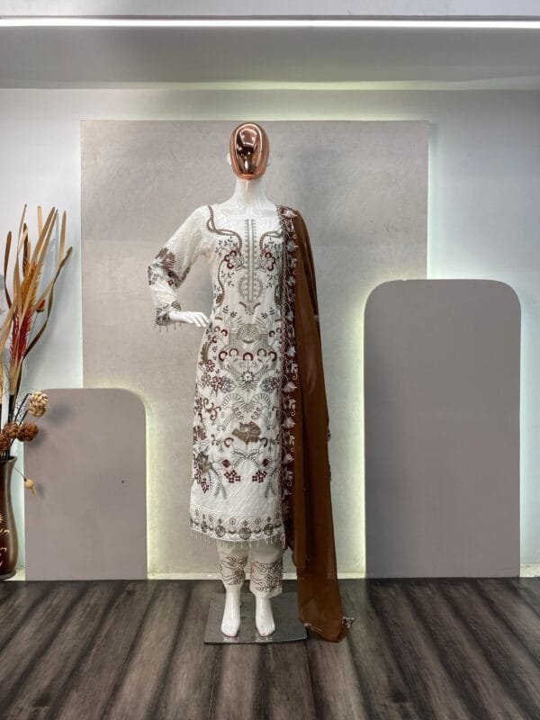 Designer Wear Trending Faux Georgette Top with Cotton Thread Embroidered Work and Work Pant with Dupatta | White