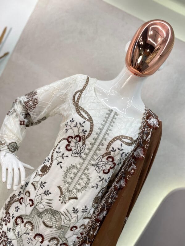 Designer Wear Trending Faux Georgette Top with Cotton Thread Embroidered Work and Work Pant with Dupatta | White - Image 5