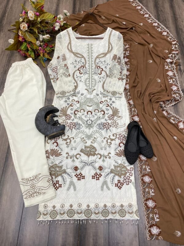 Designer Wear Trending Faux Georgette Top with Cotton Thread Embroidered Work and Work Pant with Dupatta | White - Image 6