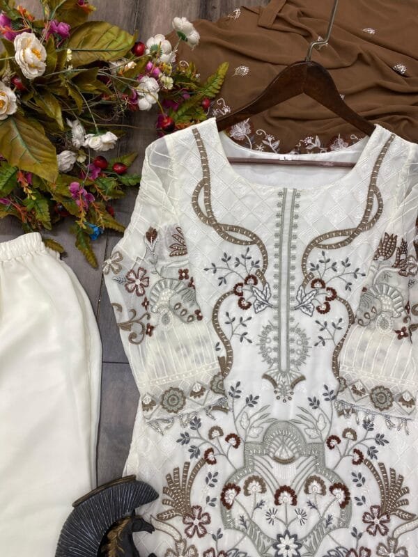 Designer Wear Trending Faux Georgette Top with Cotton Thread Embroidered Work and Work Pant with Dupatta | White - Image 7