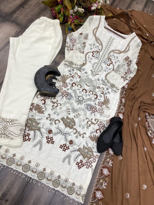 Designer Wear Trending Faux Georgette Top with Cotton Thread Embroidered Work and Work Pant with Dupatta | White - Image 8