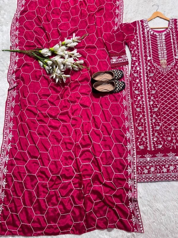 Heavy Chinon Embroidery Top with 5mm Sequins Micro Cotton Pant and Dupatta | Red - Image 9
