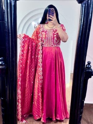 Designer Beautiful Heavy Embroidery Sequins Work Gown With Dupatta | Red