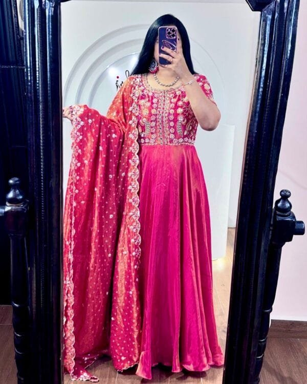 Designer Beautiful Heavy Embroidery Sequins Work Gown With Dupatta | Red