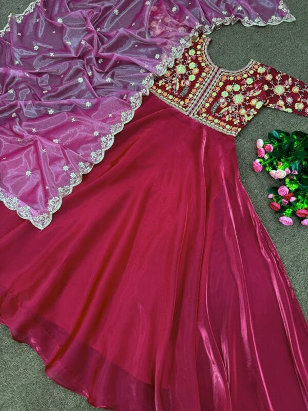 Designer Beautiful Heavy Embroidery Sequins Work Gown With Dupatta | Red - Image 4