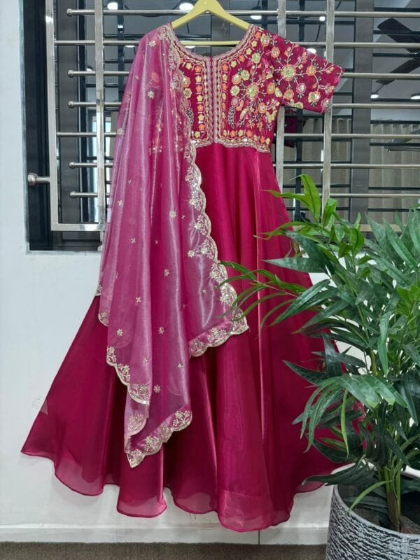 Designer Beautiful Heavy Embroidery Sequins Work Gown With Dupatta | Red - Image 2